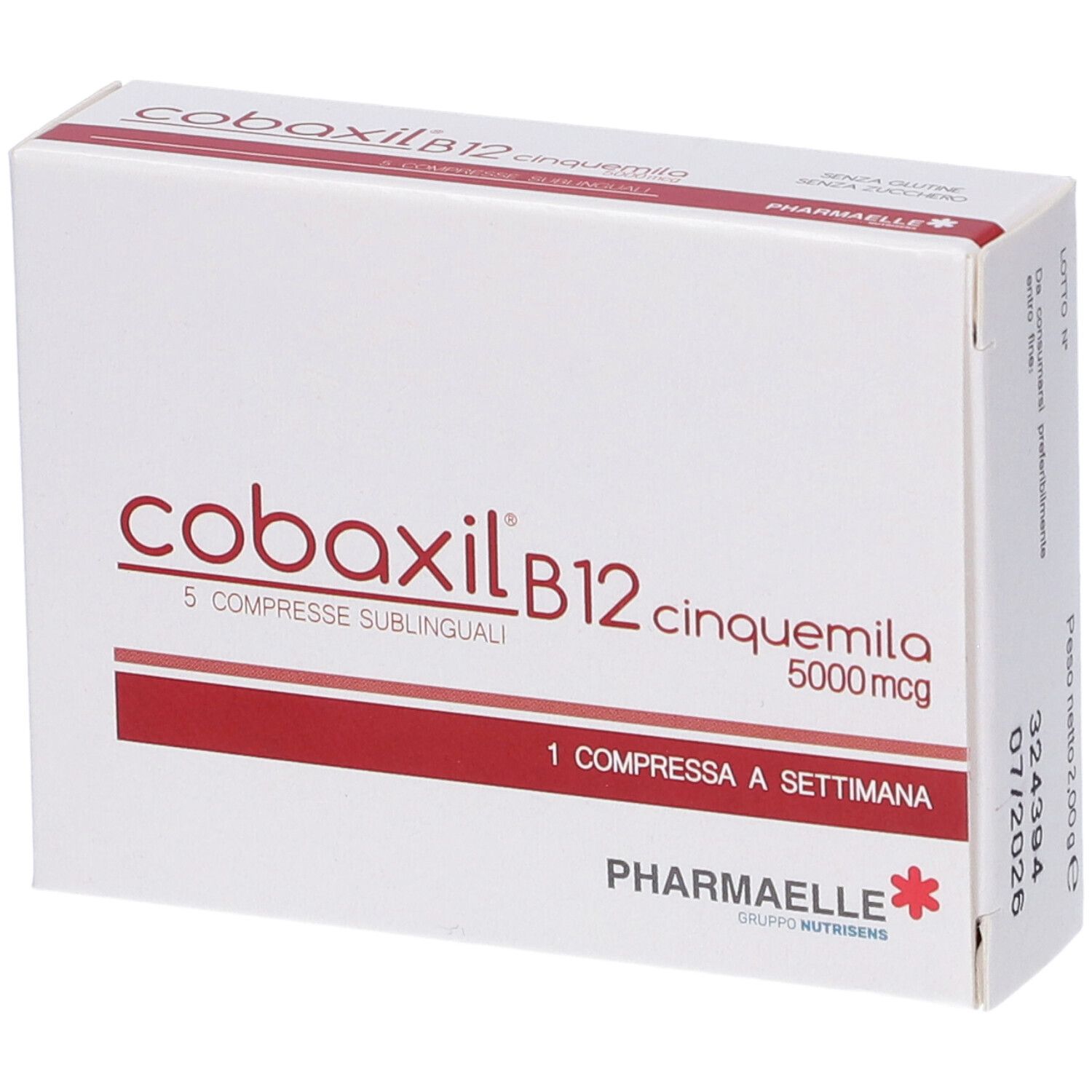 Scatola bianca con testo rosso. Scritto: Cobaxil B12, 5000 mcg, 5 compresse. Marchio: Pharmaelle.