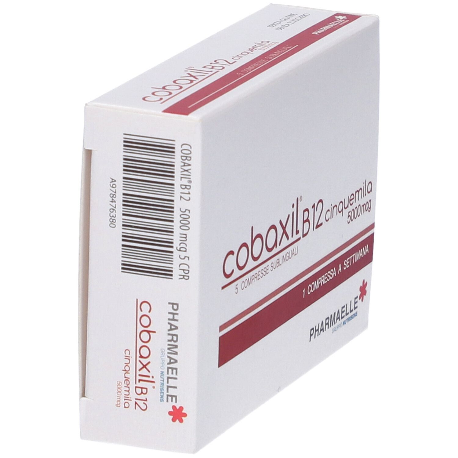Scatola bianca, in diagonale. Scritto: Cobaxil B12, 5000 mcg, 5 compresse. Marchio: Pharmaelle. Codice a barre.