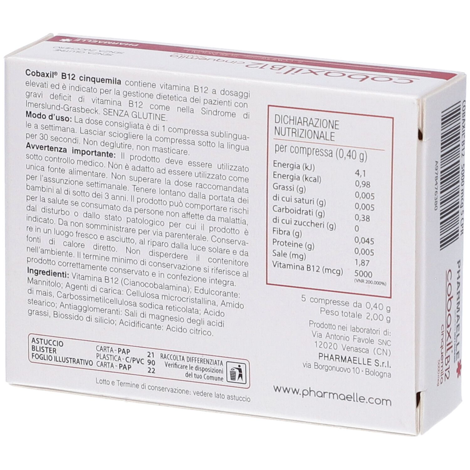Retro della scatola bianca. Testo: informazioni nutrizionali, ingredienti, istruzioni per l'uso. Marchio: Pharmaelle.
