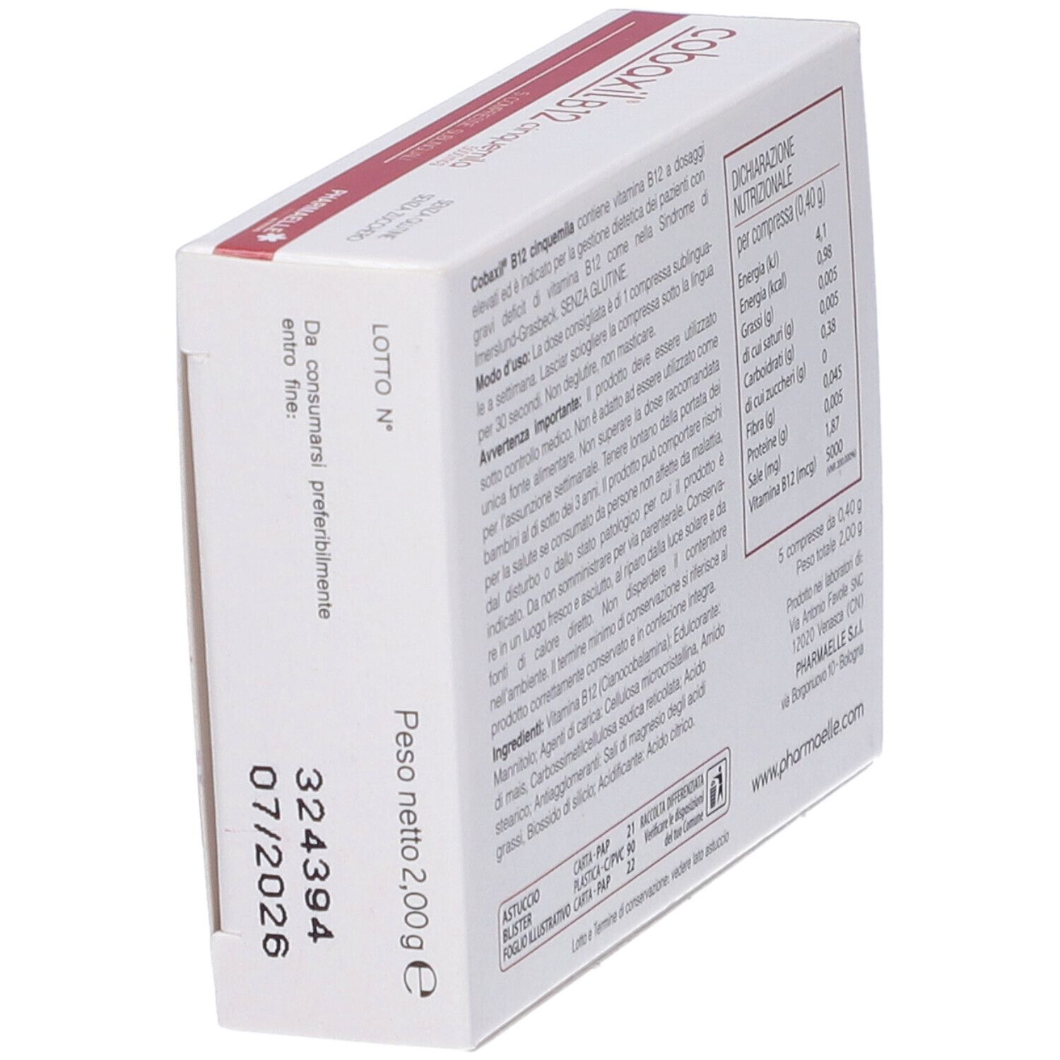 Retro della scatola con testo. Scadenza: 07/2026. Peso: 2,00g. Marchio: Pharmaelle.