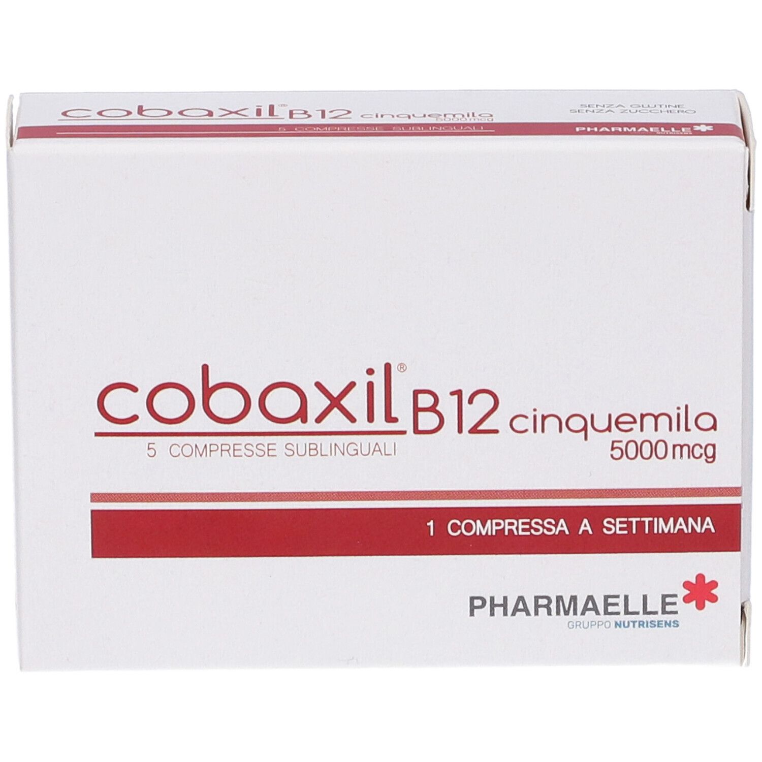 Scatola bianca con testo rosso. Scritto: Cobaxil B12, 5000 mcg, 5 compresse. Marchio: Pharmaelle.