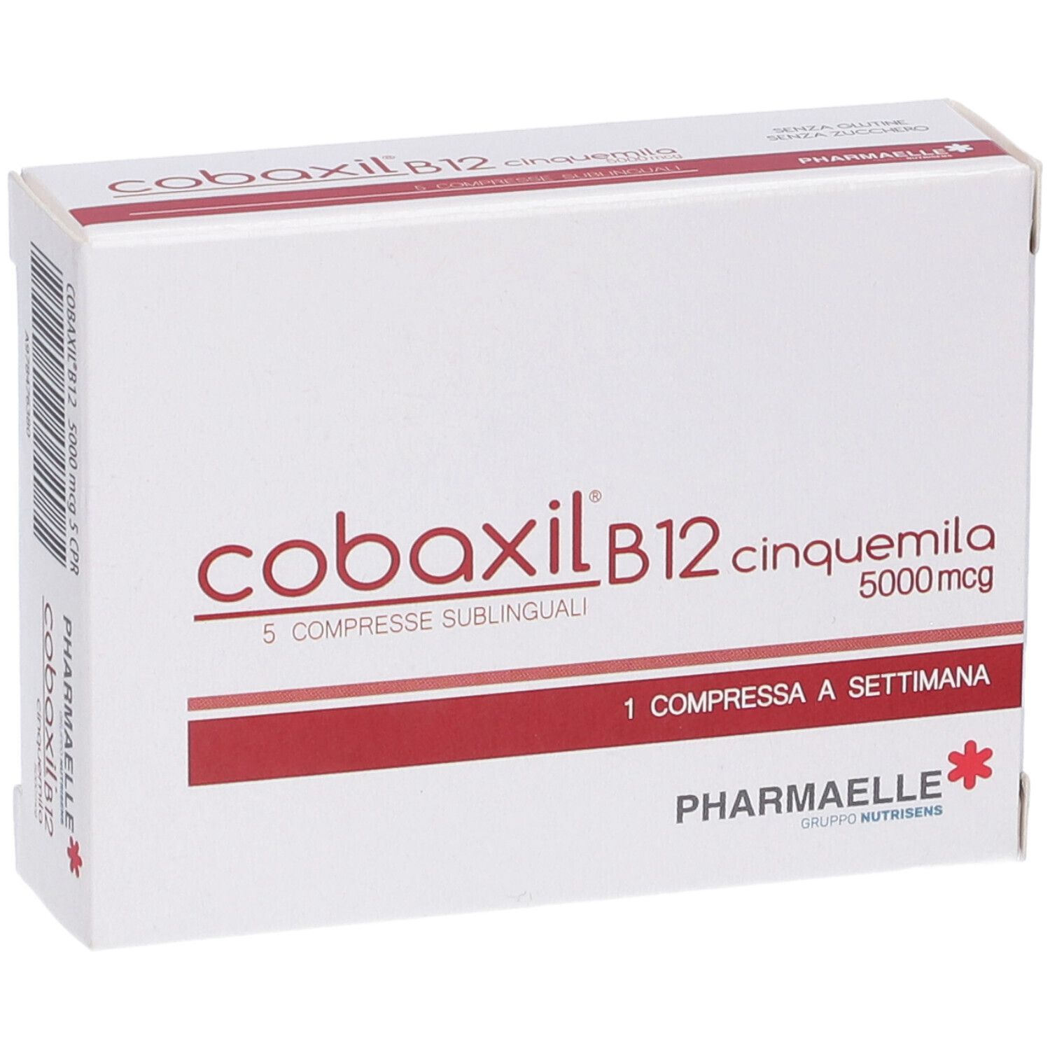 Scatola bianca con testo rosso. Scritto: Cobaxil B12, 5000 mcg, 5 compresse. Marchio: Pharmaelle.