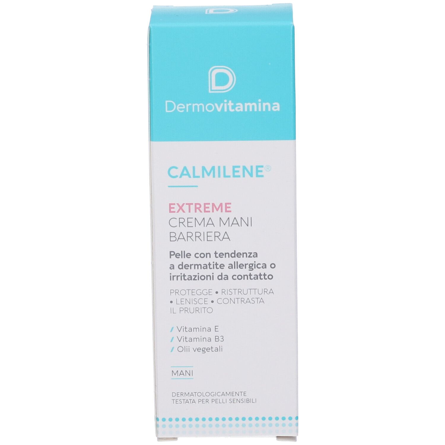 Scatola. Scritta: Dermovitamina Calmilene Extreme Crema Mani Barriera. Contiene vitamina E, B3 e oli vegetali.