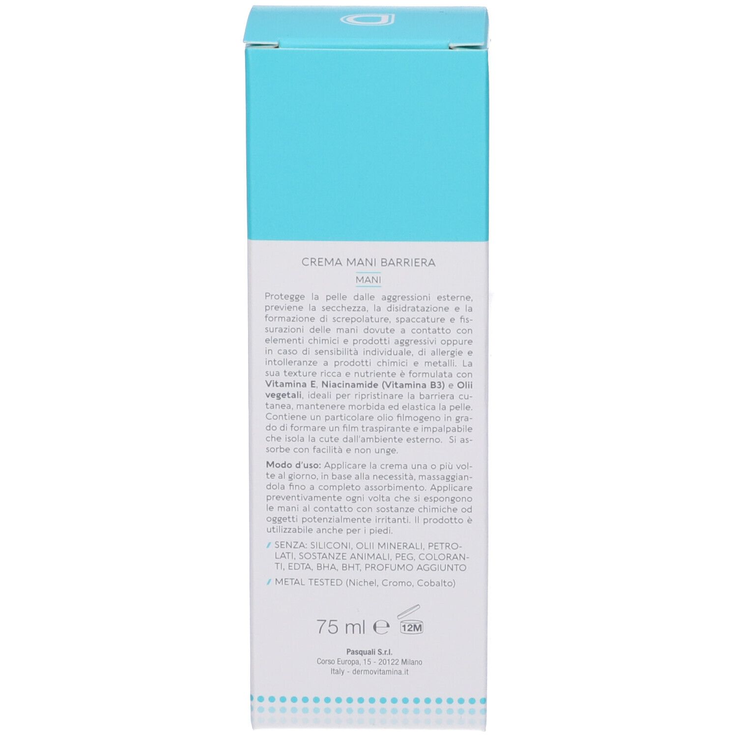 Scatola. Scritta: Crema Mani Barriera, 75 ml, ingredienti, avvertenze, informazioni produttore.