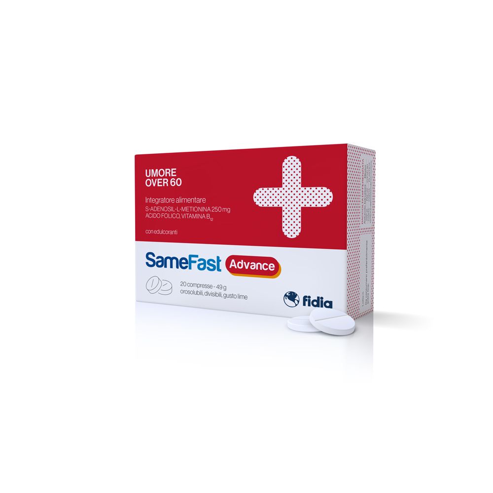 Confezione di SameFast Advance. Scatola rossa e bianca con informazioni e compresse.