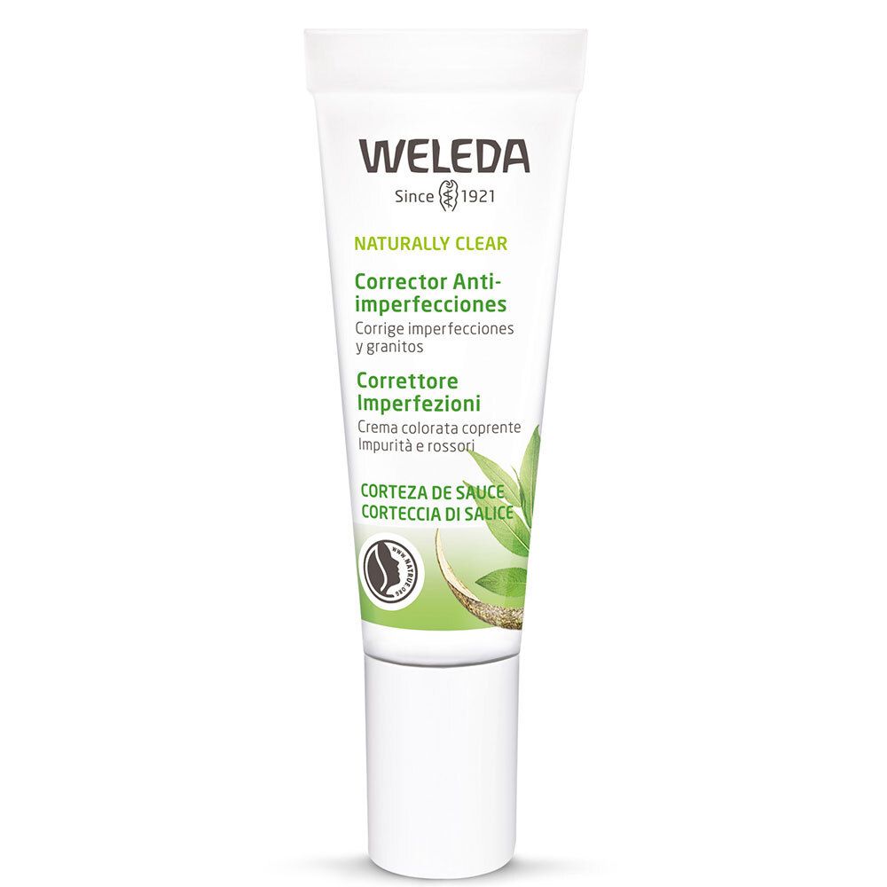 Weleda Naturally Clear Correttore Anti-imperfezioni. Tubo con stampa verde. Contiene estratto di salice.