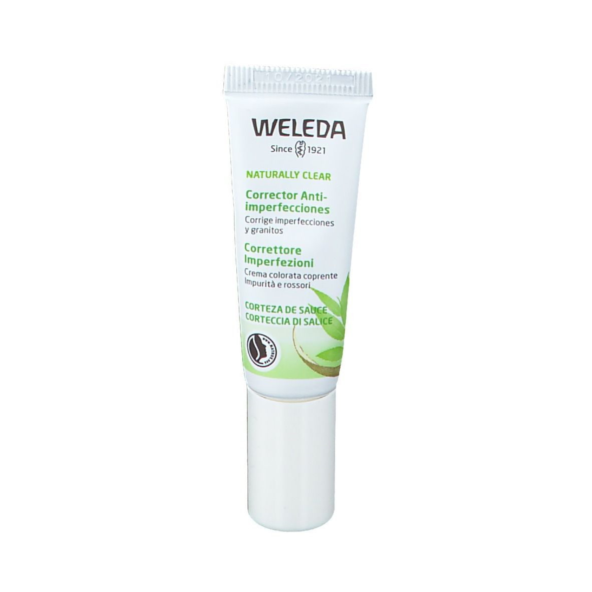 Weleda Naturally Clear Correttore Anti-imperfezioni. Tubo con stampa verde. Contiene estratto di salice.
