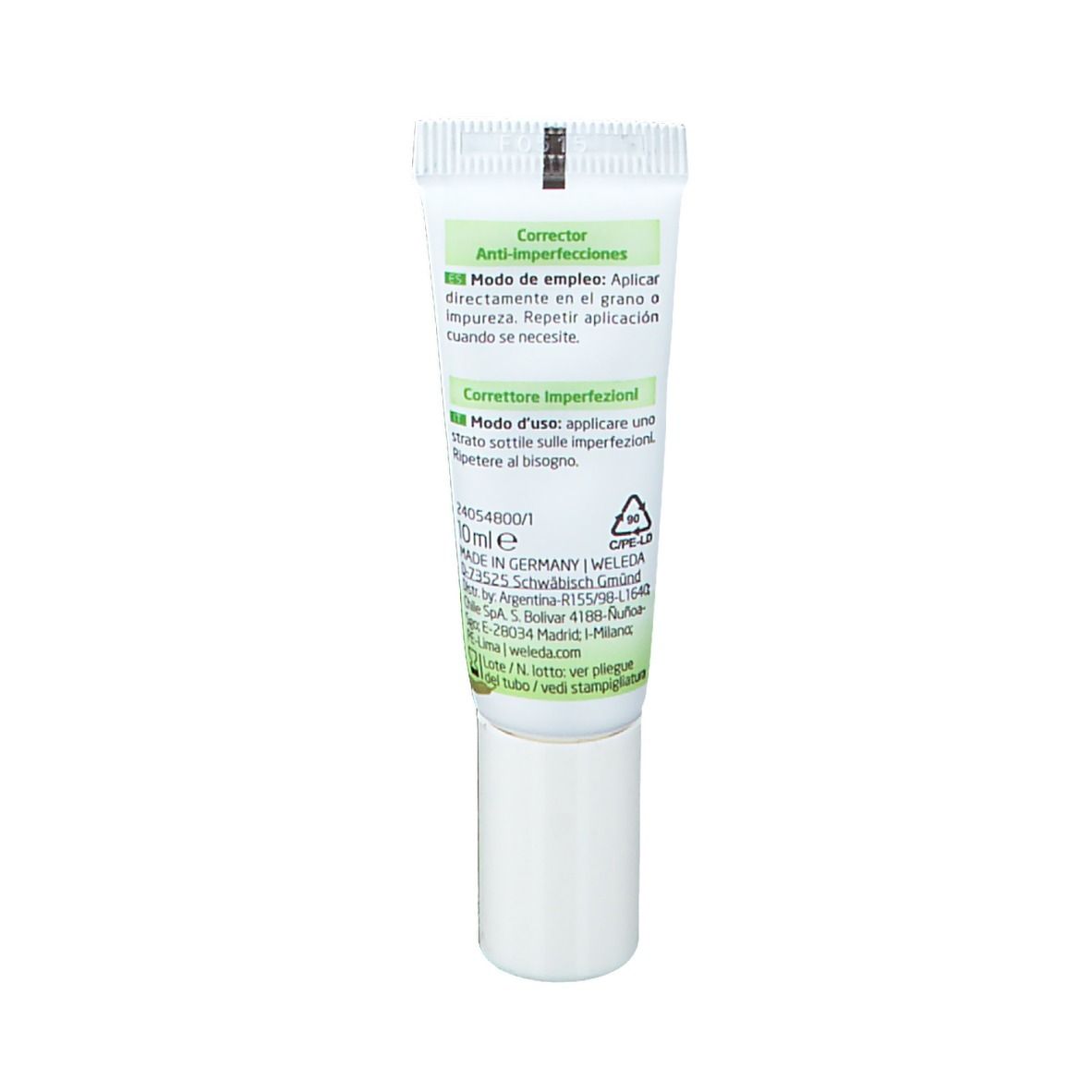 Retro del tubo Weleda Naturally Clear Correttore Anti-imperfezioni. Testo: Modo d'uso, ingredienti, produttore.