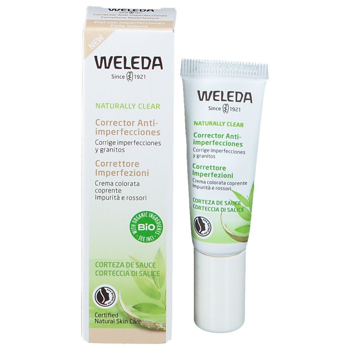 Weleda Naturally Clear Correttore Anti-imperfezioni e confezione. Certificazione bio. Contiene estratto di salice.