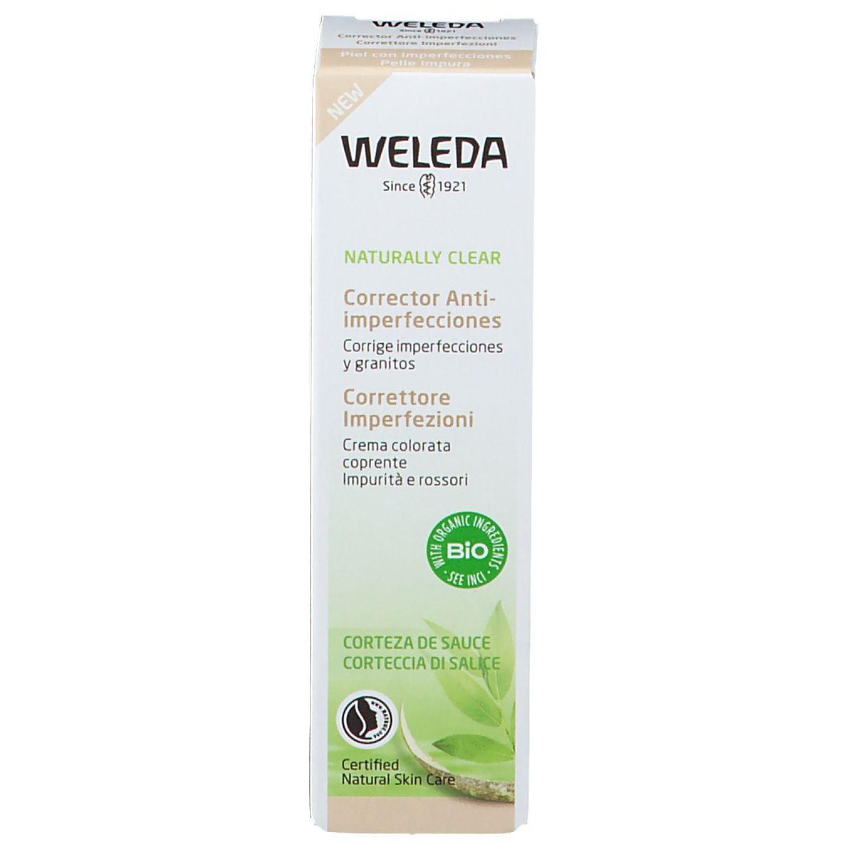 Confezione Weleda Naturally Clear Correttore Anti-imperfezioni. Certificazione bio. Testo: Naturally Clear, Correcteur Anti-imperfections.