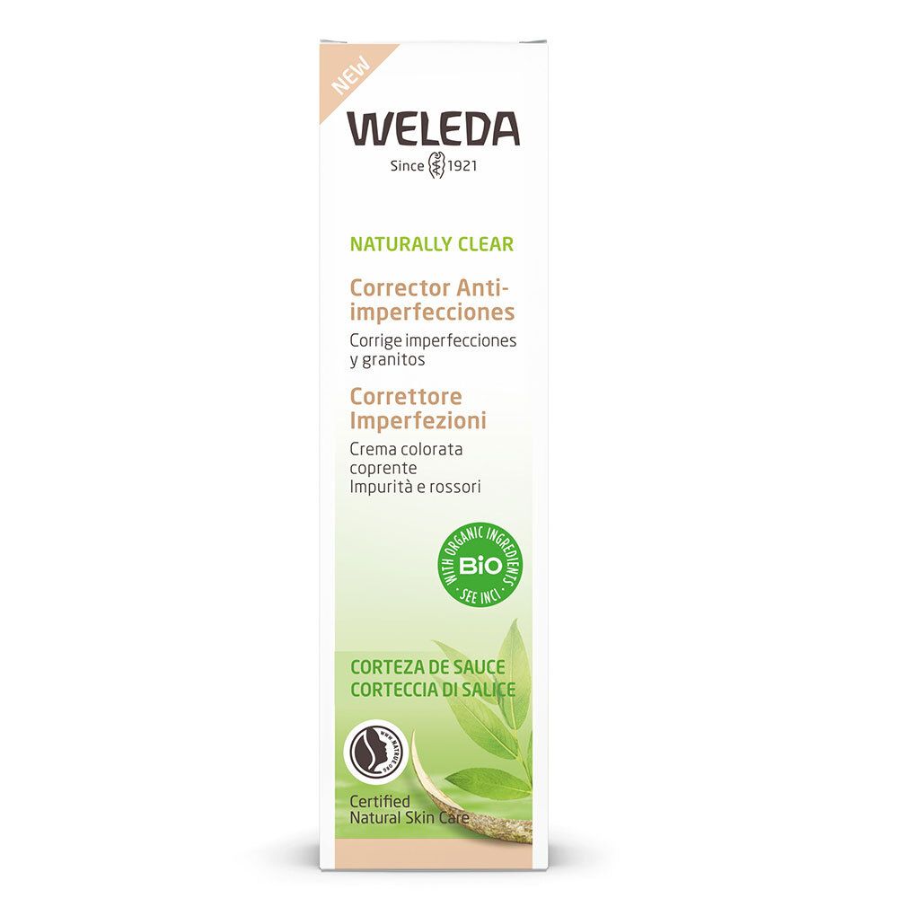 Confezione Weleda Naturally Clear Correttore Anti-imperfezioni. Certificazione bio. Testo: Naturally Clear, Correcteur Anti-imperfections.