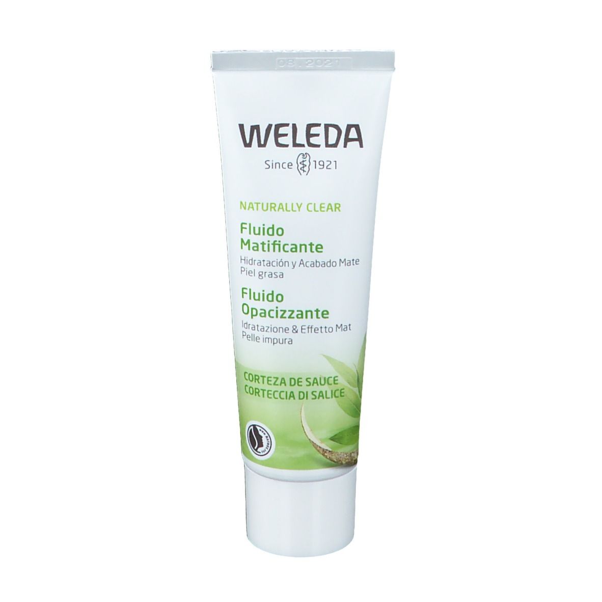 Tubo di fluido Weleda "Naturally Clear". Bianco con dettagli verdi. Nome e logo del prodotto. Certificazione bio.