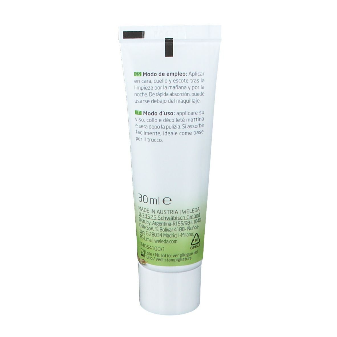 Retro del tubo. Testo multilingue. 30 ml. Prodotto in Austria. Logo Weleda. Ingredienti.