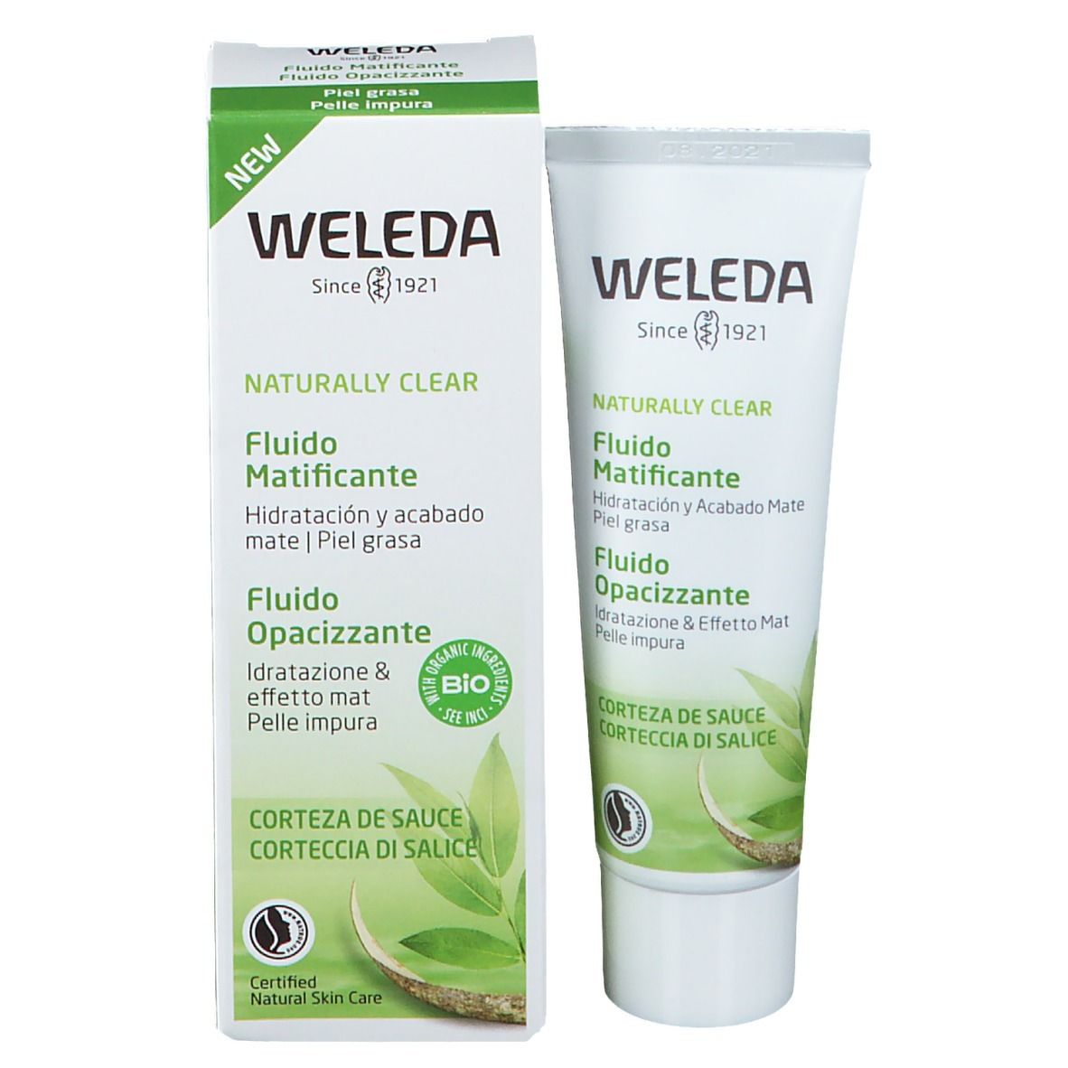 Fluido e confezione Weleda "Naturally Clear". Tubo e scatola. Bianco con dettagli verdi. Certificazione bio.