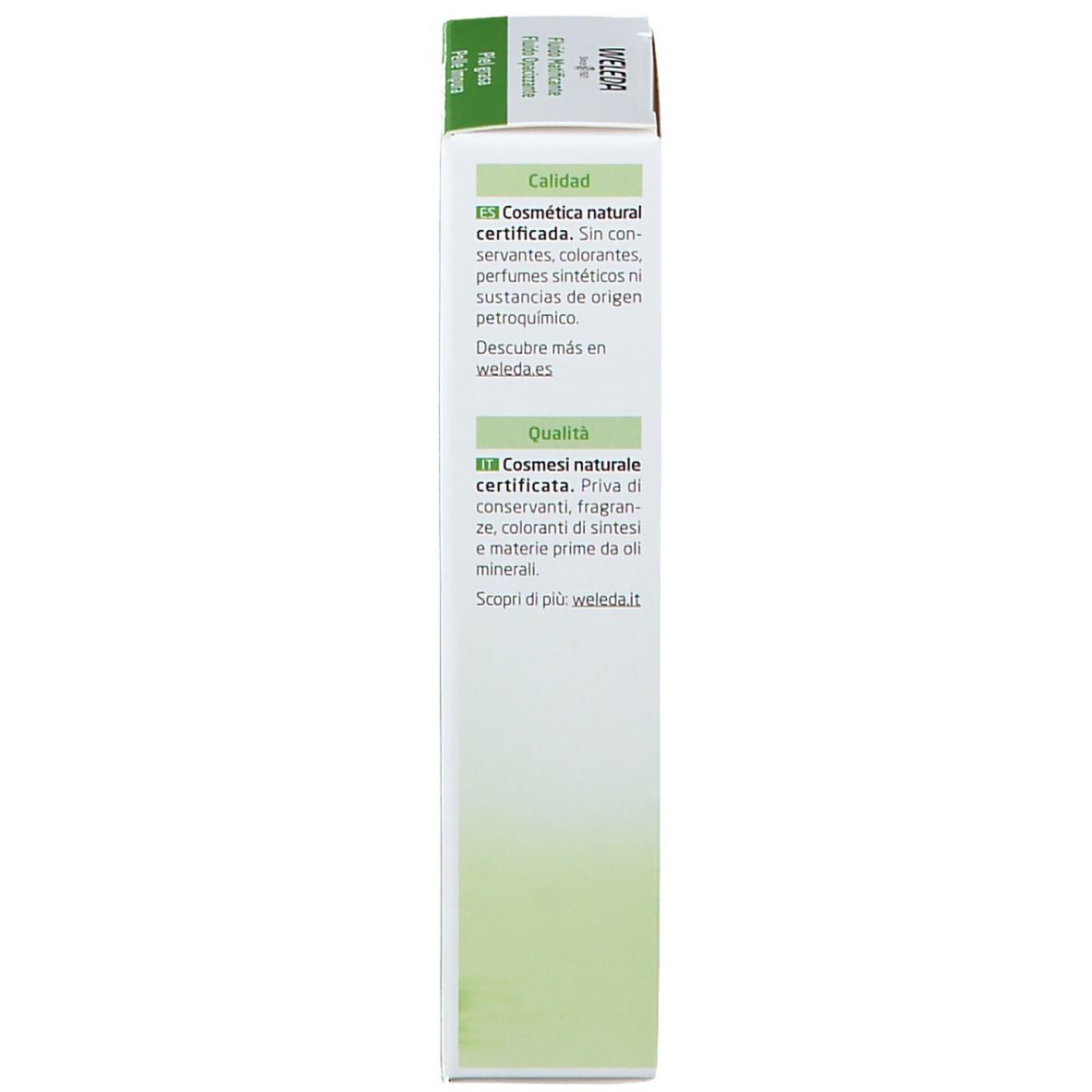 Lato della confezione. Testo multilingue. Cosmetici naturali certificati. Logo Weleda.