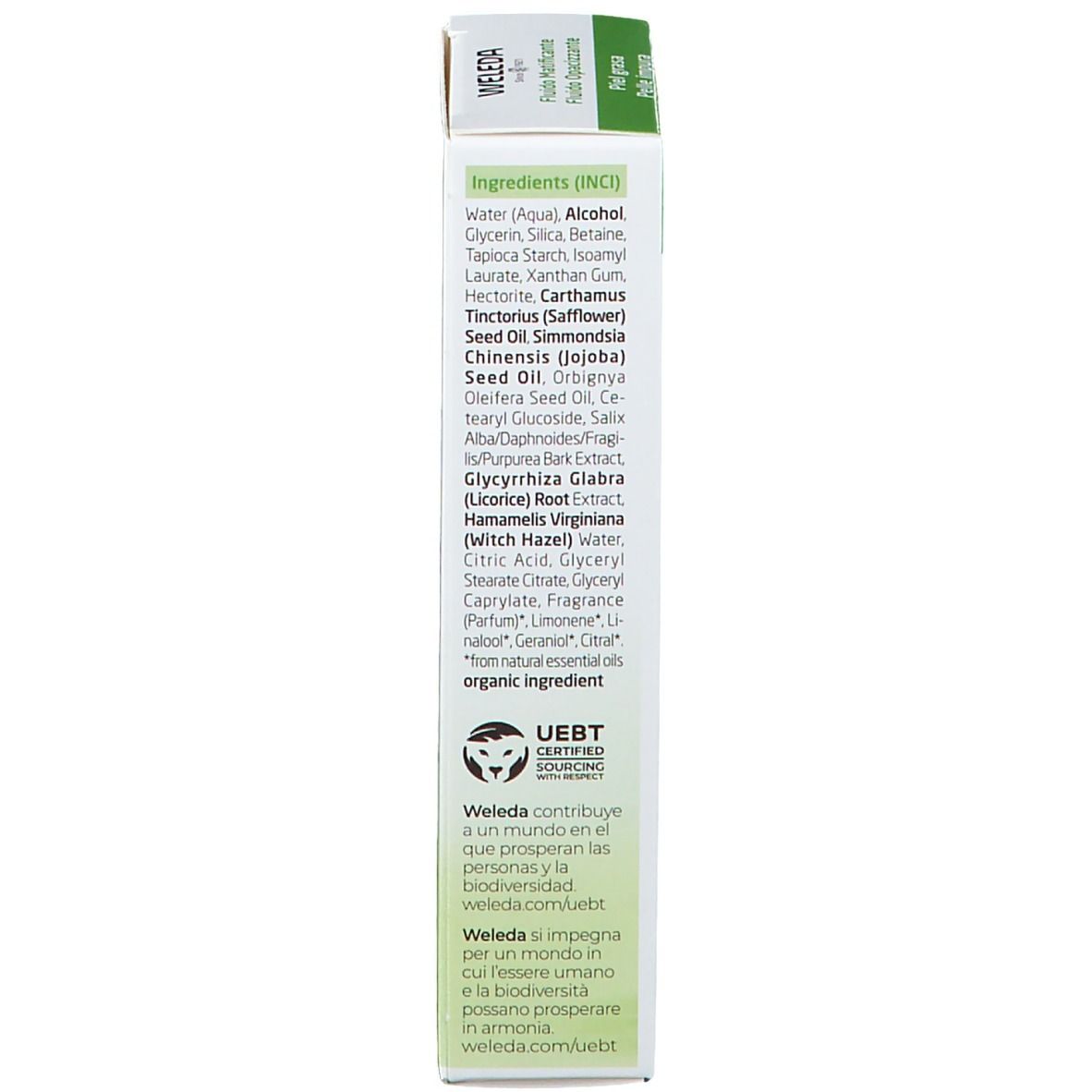 Confezione. Ingredienti. Certificazione UEBT. Logo Weleda. Testo su sostenibilità e biodiversità.