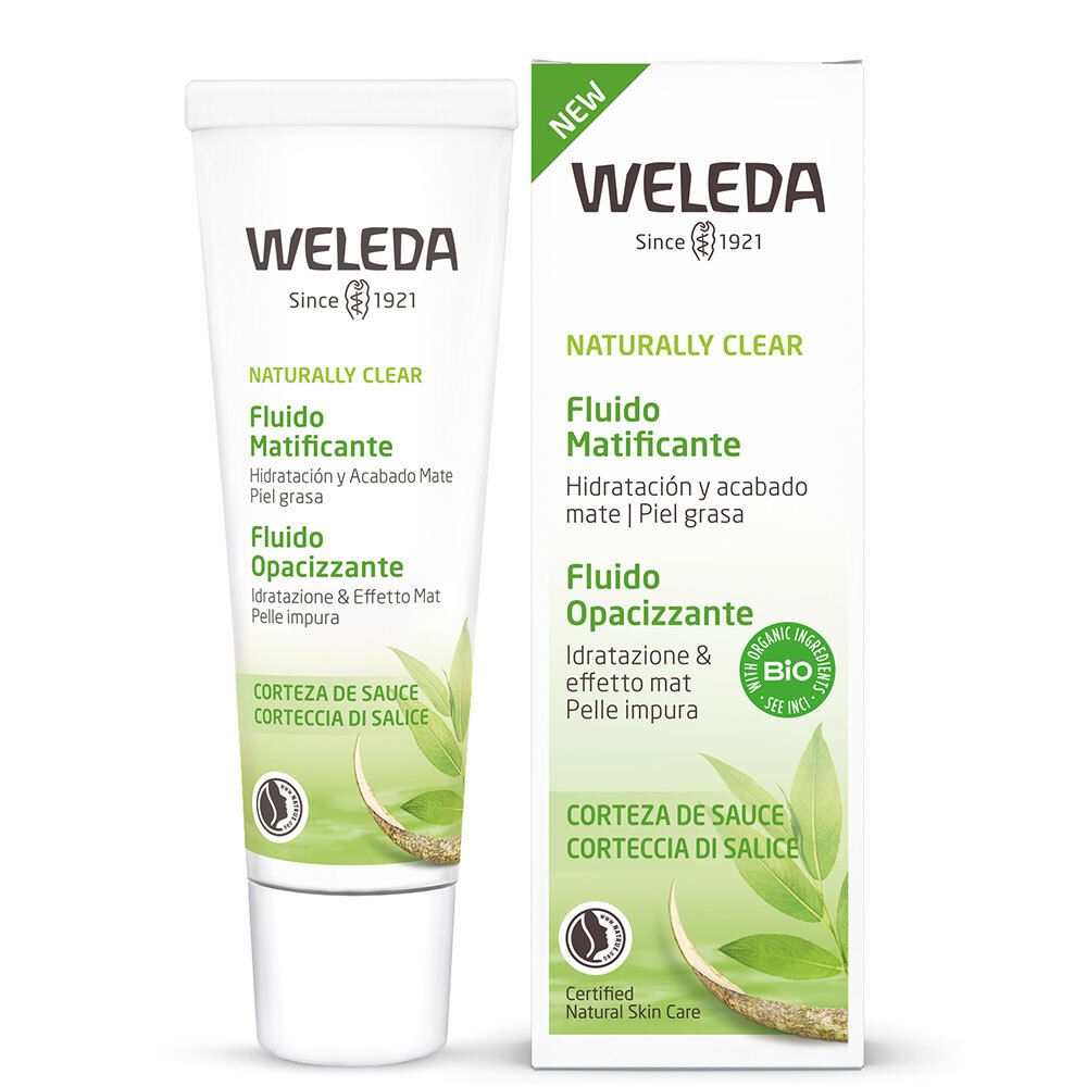 Fluido e confezione Weleda "Naturally Clear". Tubo e scatola. Bianco con dettagli verdi. Certificazione bio.