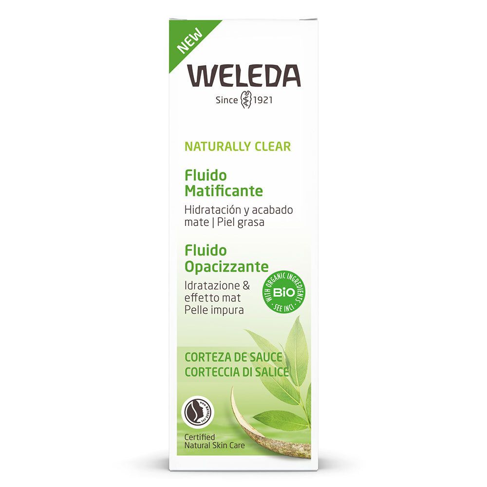 Confezione Weleda. Fluido "Naturally Clear". Scatola verde e bianca con nome e logo del prodotto. Certificazione bio.