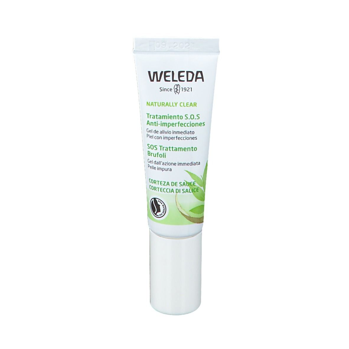 Weleda Naturally Clear S.O.S Spot Treatment. Weiße Tube mit grünem Aufdruck. Grüner Deckel.