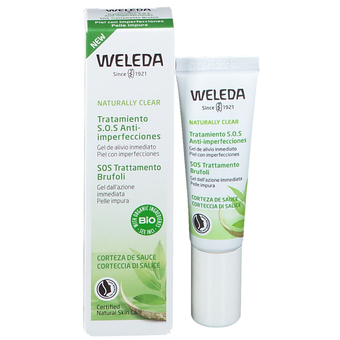 Weleda Naturally Clear S.O.S Spot Treatment und Verpackung. Tube und Schachtel nebeneinander.