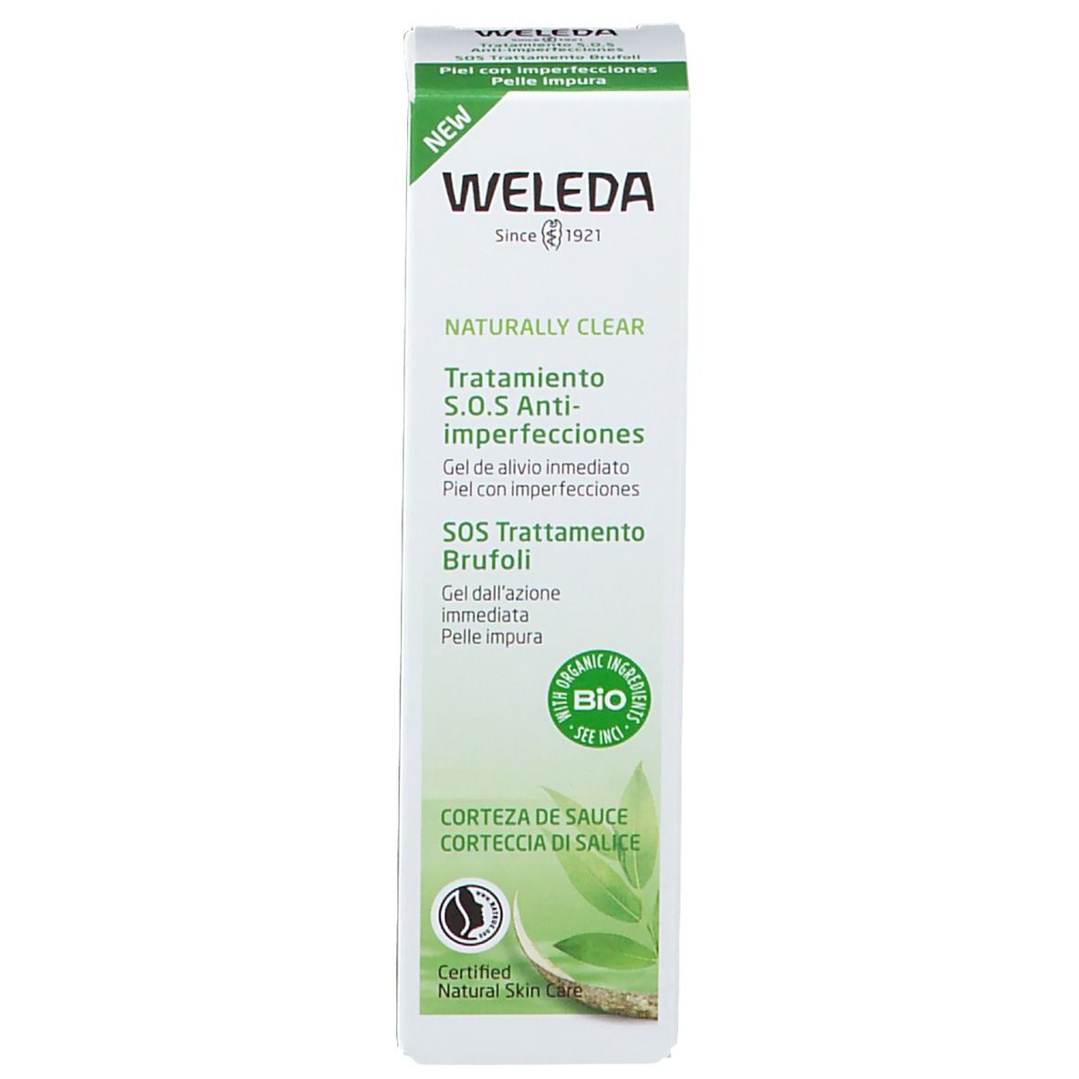 Weleda Naturally Clear S.O.S Spot Treatment. Schachtel mit grüner Schrift und Logo. Bio-Zertifizierung.