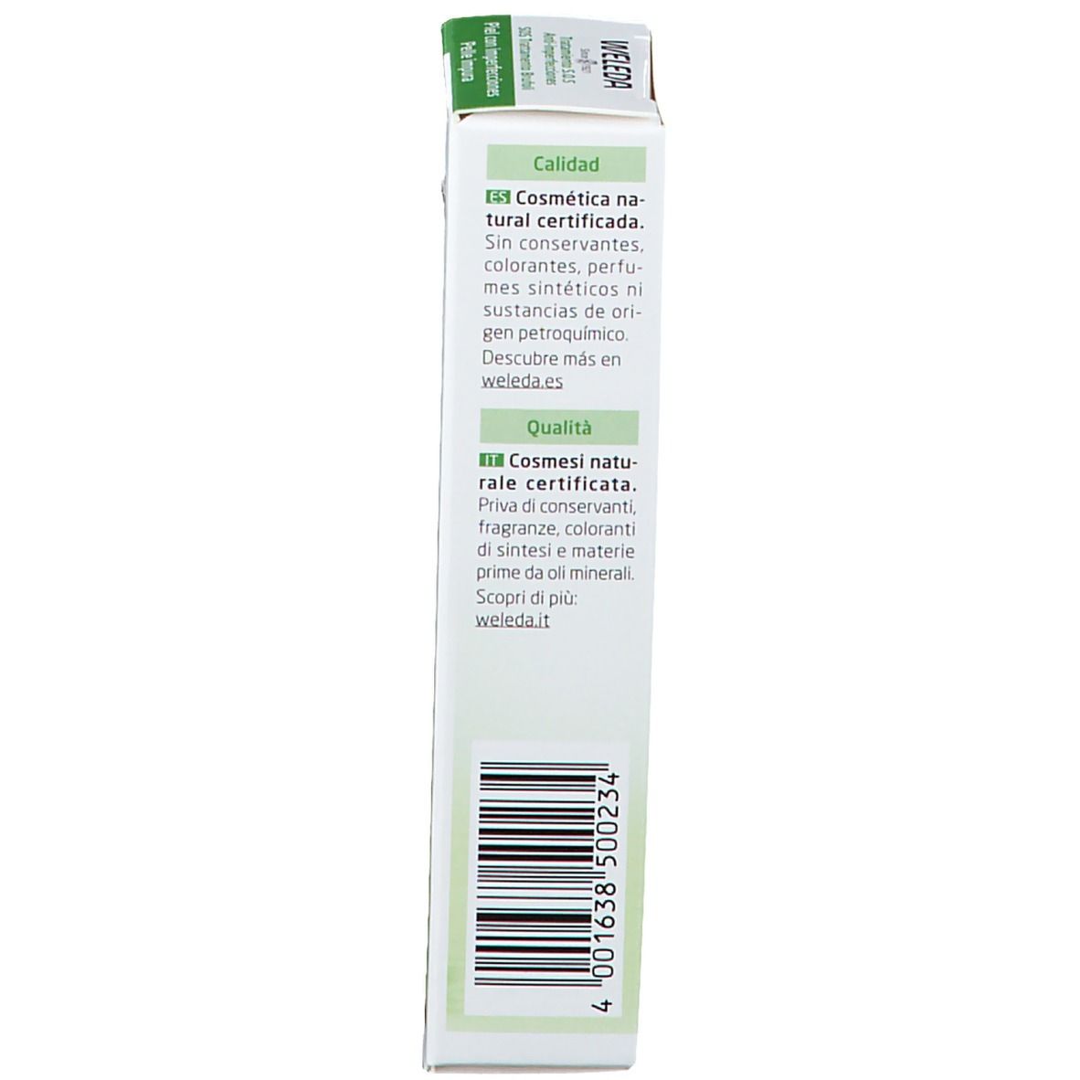 Seite der Verpackung. Text in mehreren Sprachen. Zertifizierte Naturkosmetik. Barcode.