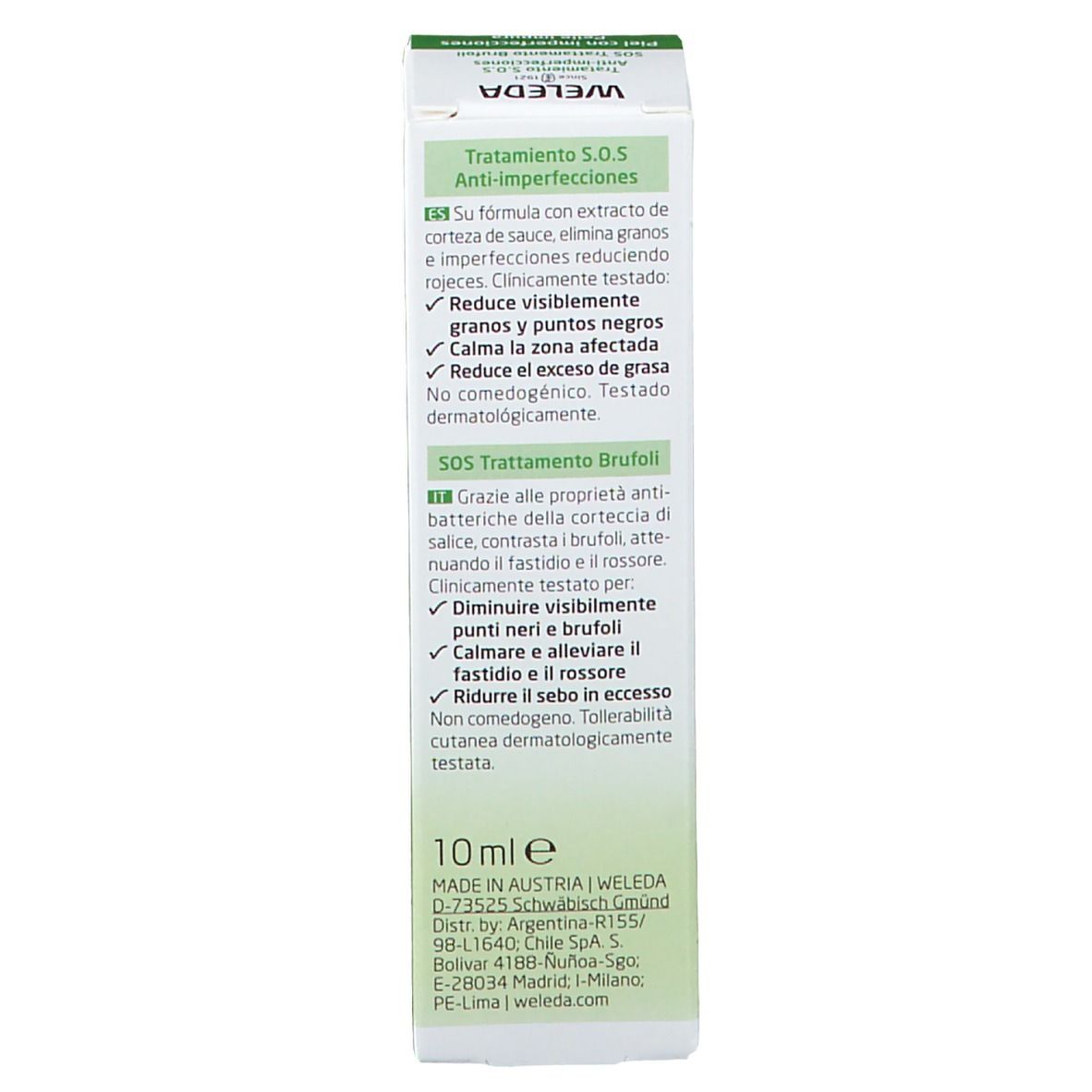 Rückseite der Verpackung. Text in mehreren Sprachen. 10 ml. Inhaltsstoffe. UEBT-Zertifizierung.