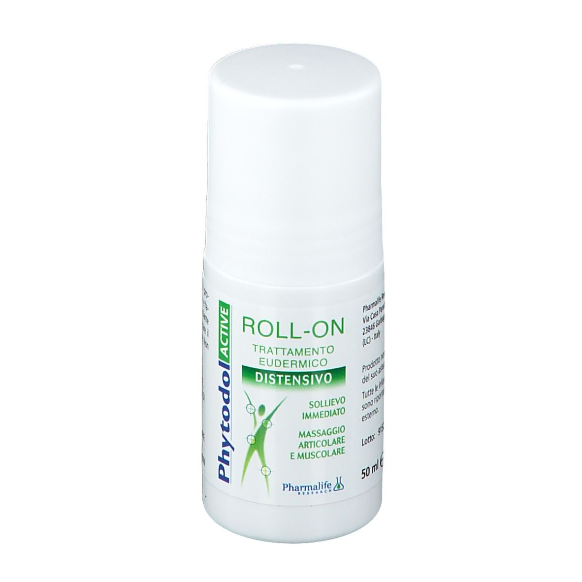 Flacone roll-on bianco con etichetta verde. Scritte: Phytodol ACTIVE, ROLL-ON, Distensivo. Contiene l'illustrazione di una persona.