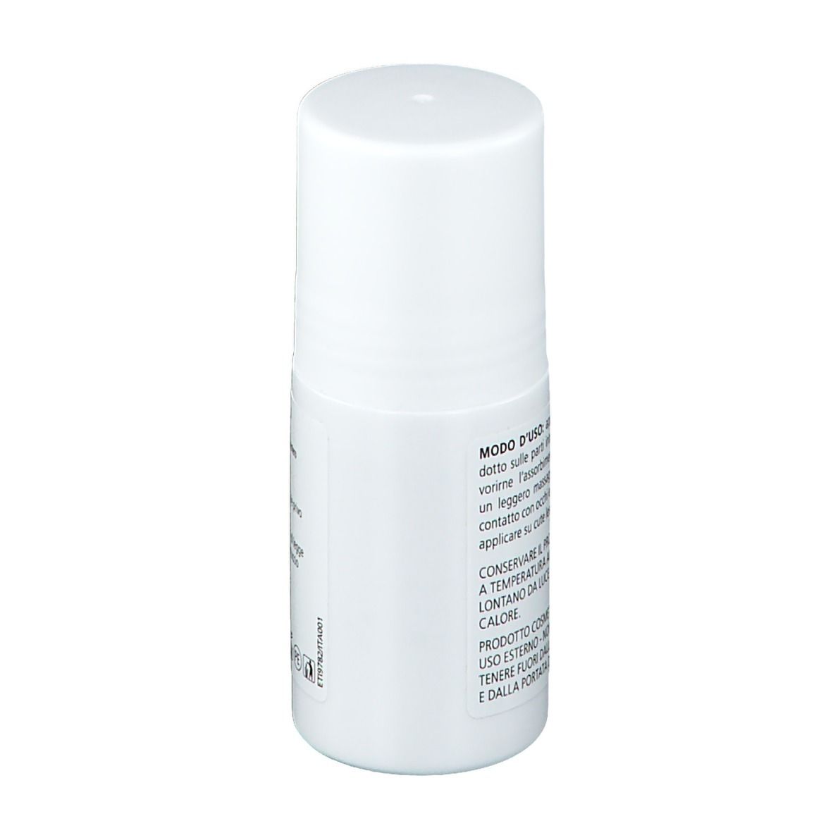 Flacone roll-on bianco. Lato con testo. Contiene istruzioni per l'uso e consigli di conservazione.