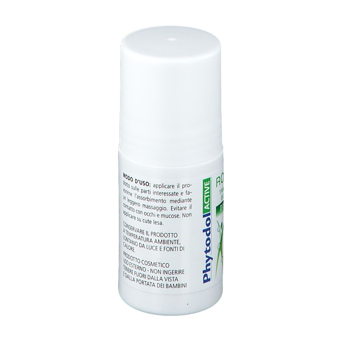 Flacone roll-on bianco con etichetta verde. Scritte: Phytodol ACTIVE, ROLL-ON. Contiene istruzioni per l'uso.