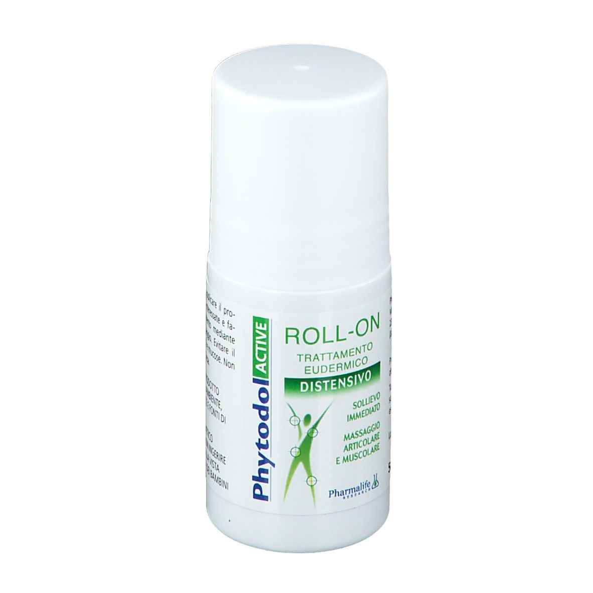 Flacone roll-on bianco con etichetta verde. Scritte: Phytodol ACTIVE, ROLL-ON, Distensivo. Contiene l'illustrazione di una persona.