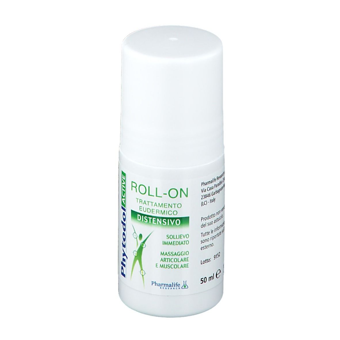 Flacone roll-on bianco con etichetta verde. Scritte: Phytodol ACTIVE, ROLL-ON, Distensivo. Contiene informazioni sulla dimensione.