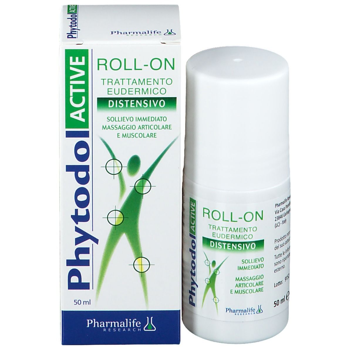 Confezione del prodotto con roll-on e scatola. Scatola con etichetta verde. Scritte: Phytodol ACTIVE, ROLL-ON, Distensivo. Contiene l'illustrazione di una persona.