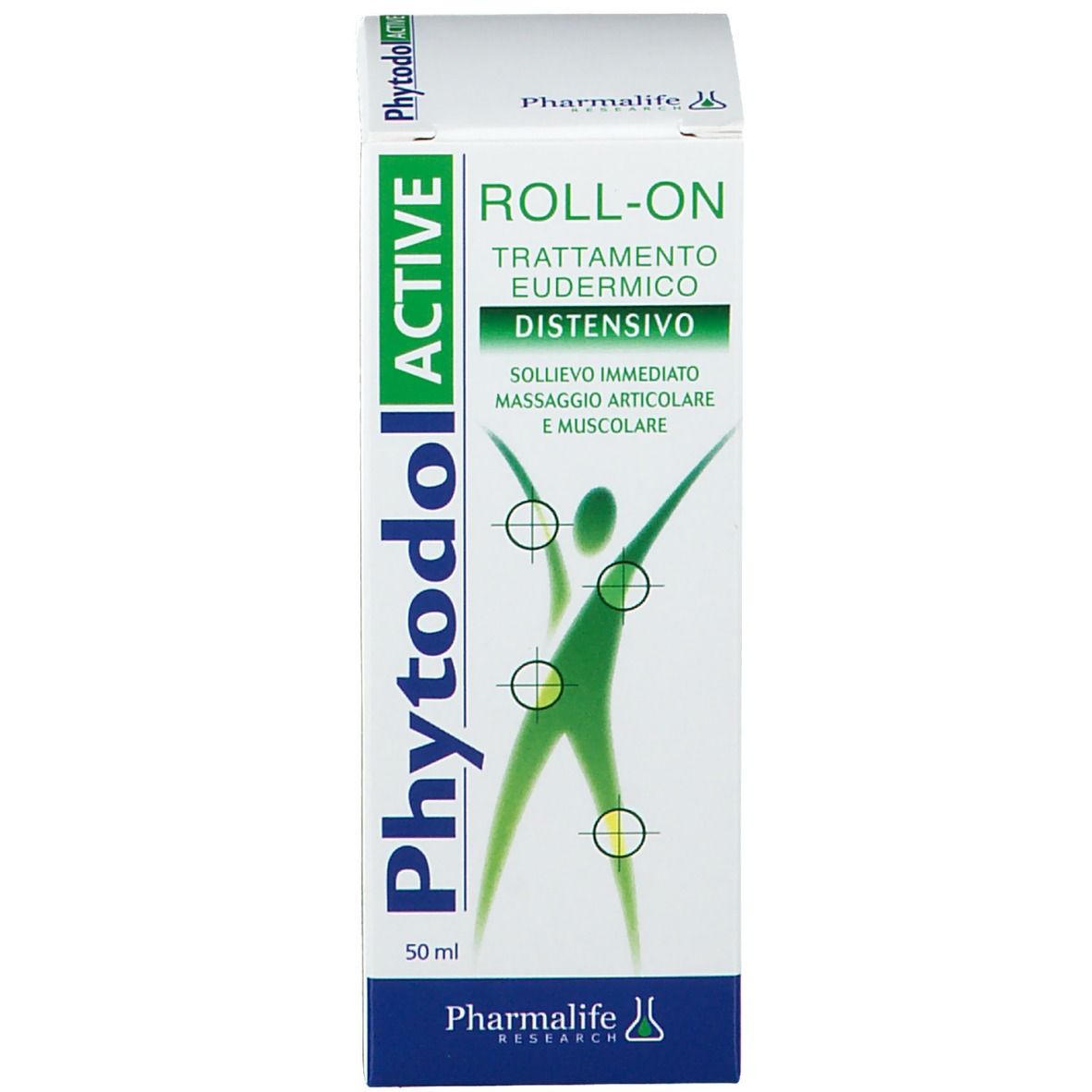 Confezione del prodotto con scatola. Scatola con etichetta verde. Scritte: Phytodol ACTIVE, ROLL-ON, Distensivo. Contiene l'illustrazione di una persona.