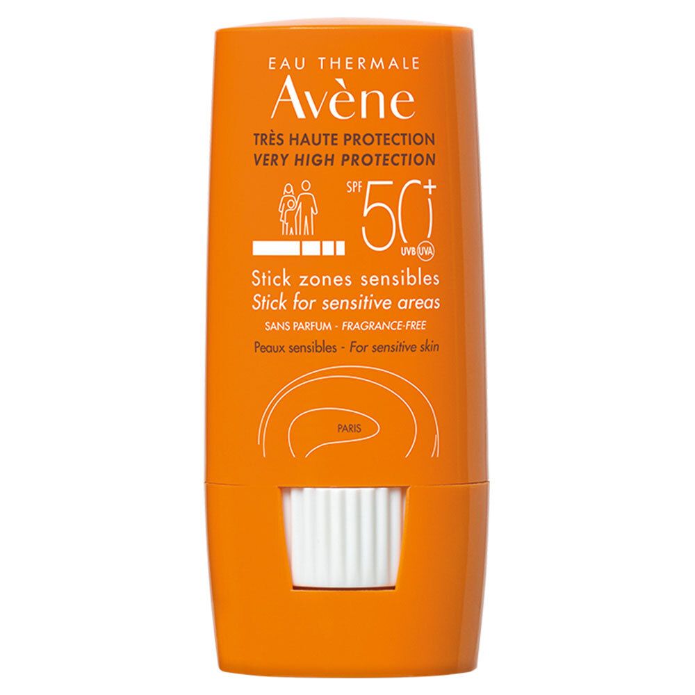 Stick arancione con meccanismo rotante bianco. Scritta: Eau Thermale Avène, SPF 50+, Stick zones sensibles.