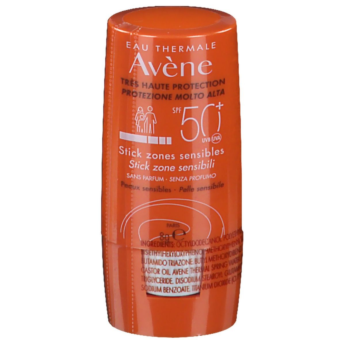 Stick arancione con meccanismo rotante bianco. Scritta: Eau Thermale Avène, SPF 50+, Stick zones sensibles.