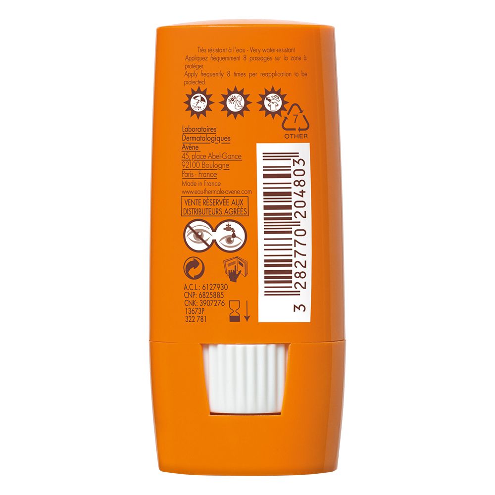 Retro di uno stick arancione. Testo: Laboratoires Avène, istruzioni per l'uso, codice a barre.