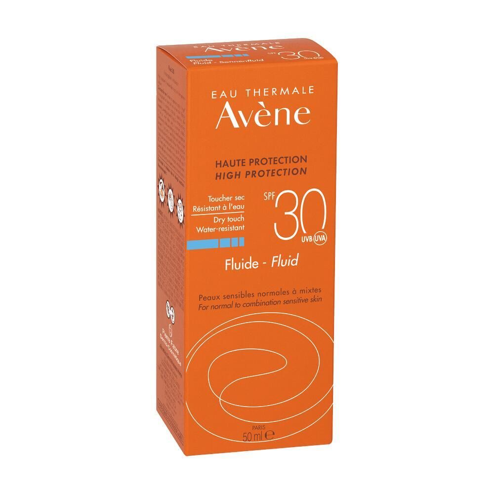 Scatola arancione. Testo: Eau Thermale Avène, SPF 30, Flui-Fluid. Per pelli normali e miste. 50ml.