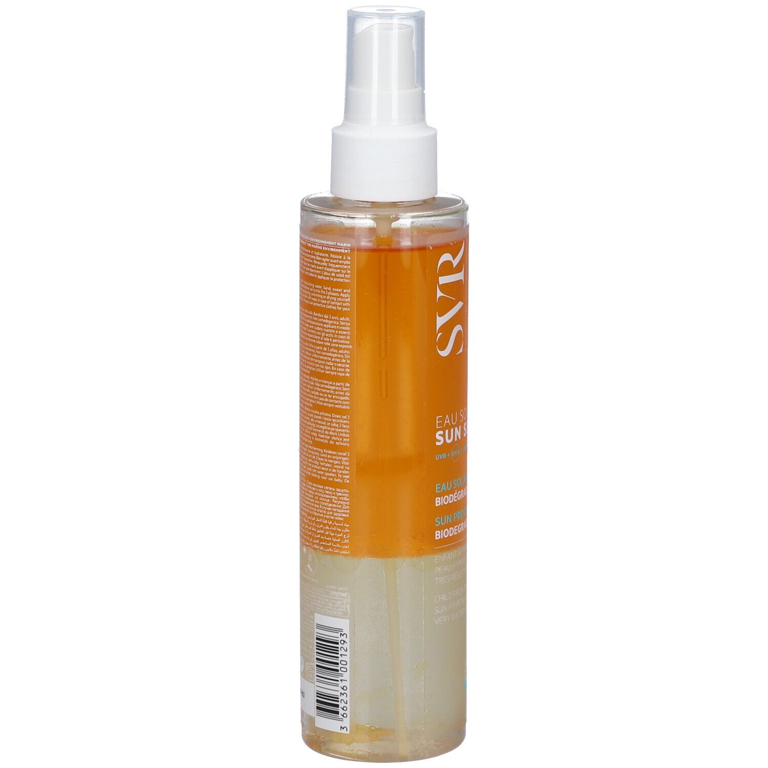 Flacone SVR Sun Secure Eau Solaire SPF50+. Retro con testo. Liquido trasparente, erogatore bianco. Etichetta arancione.