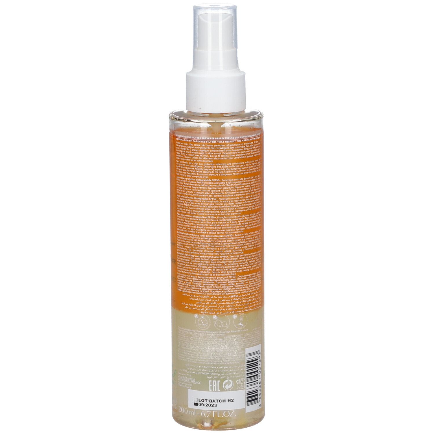 Flacone SVR Sun Secure Eau Solaire SPF50+. Retro con testo. Liquido trasparente, erogatore bianco. Etichetta arancione.