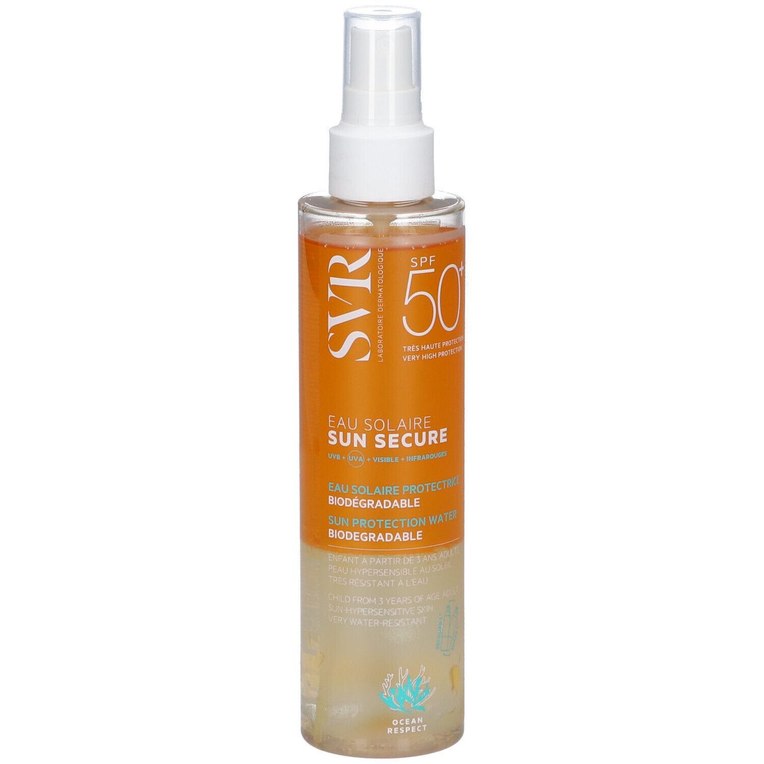 Flacone SVR Sun Secure Eau Solaire SPF50+. Liquido trasparente, erogatore bianco. Etichetta arancione con testo.