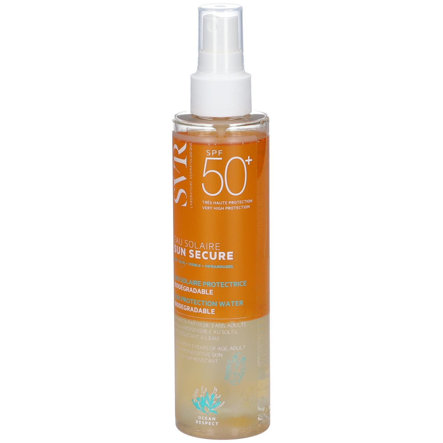 Flacone SVR Sun Secure Eau Solaire SPF50+. Liquido trasparente, erogatore bianco. Etichetta arancione con testo.