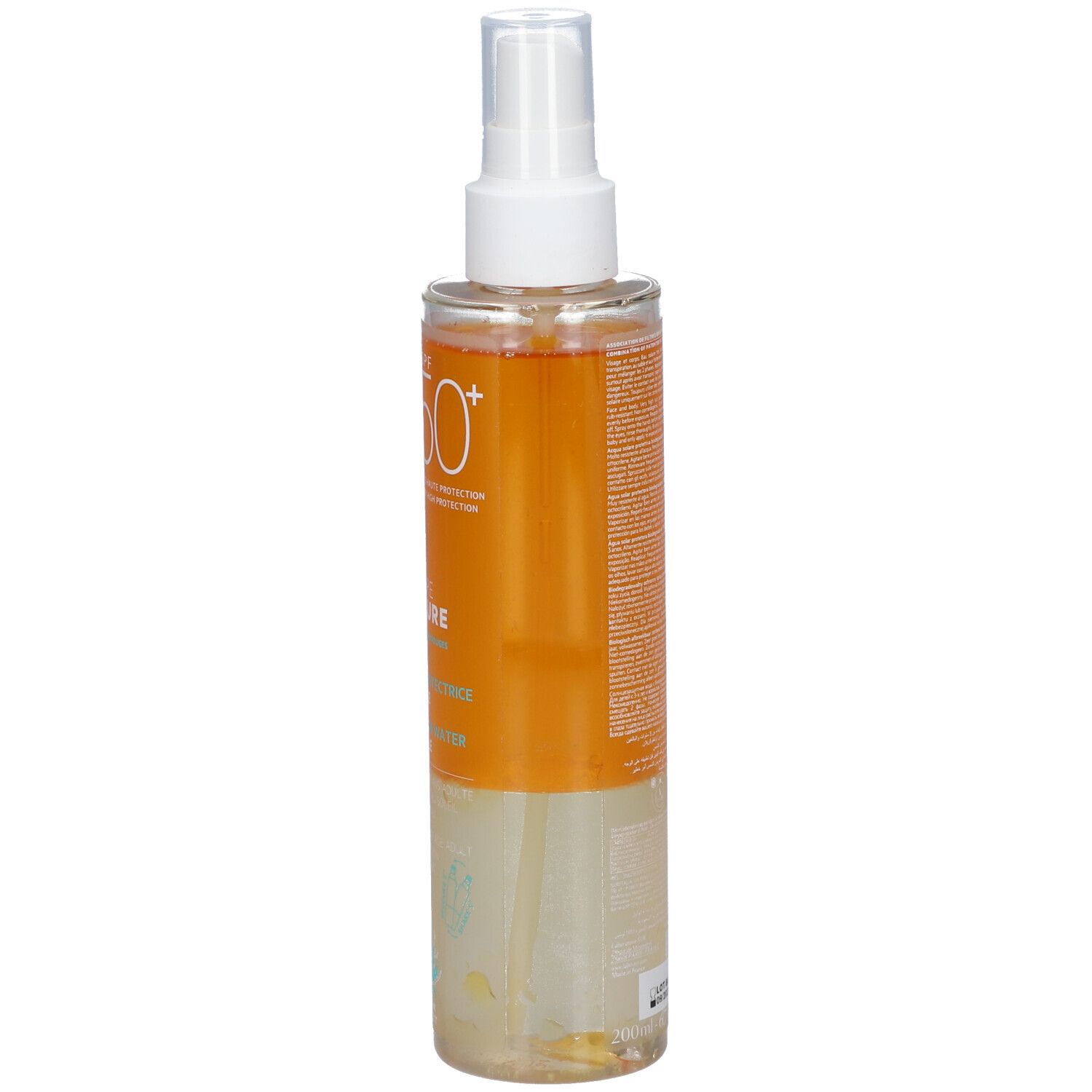 Flacone SVR Sun Secure Eau Solaire SPF50+. Liquido trasparente, erogatore bianco. Etichetta arancione con testo.