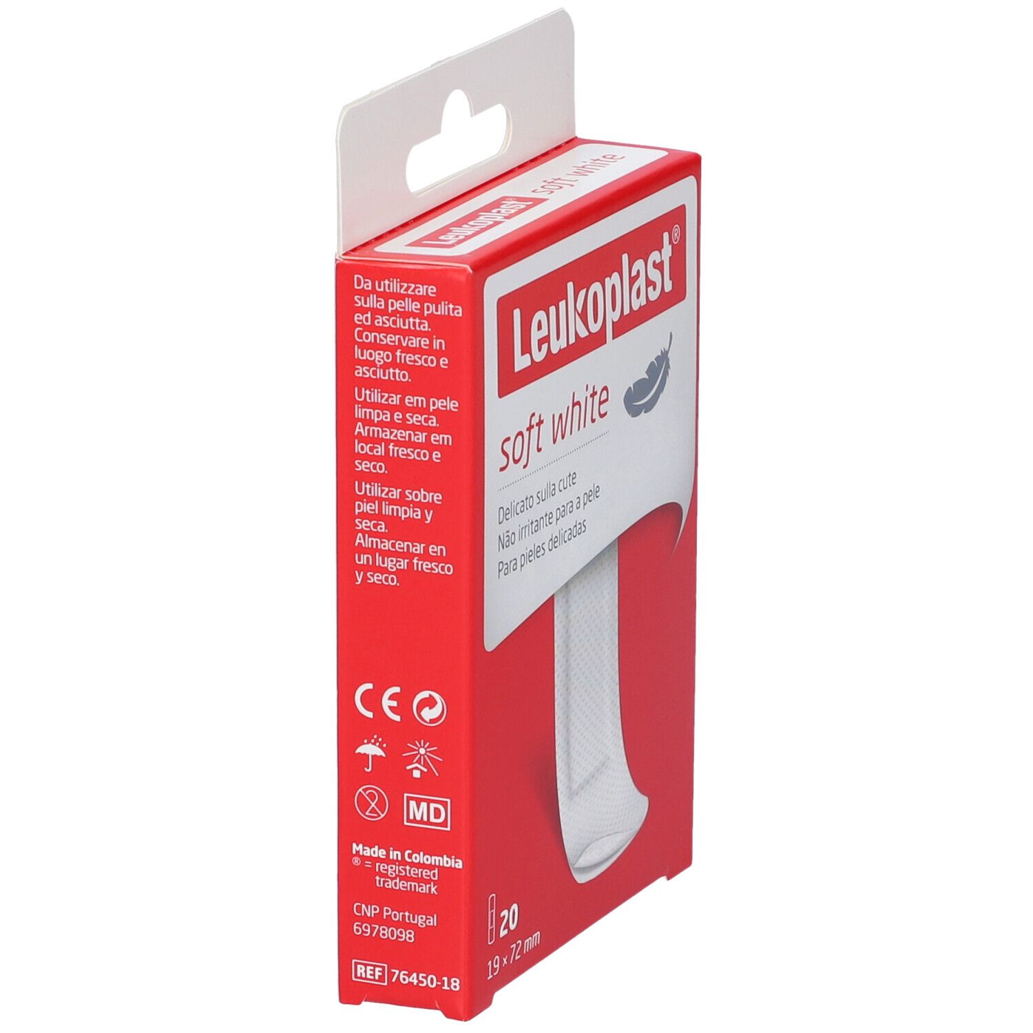 Leukoplast Soft White Cerotto-Verpackung. Rote Schachtel mit Produkt und Text. Enthält 20 Pflaster, 19x72mm. Seitenansicht.