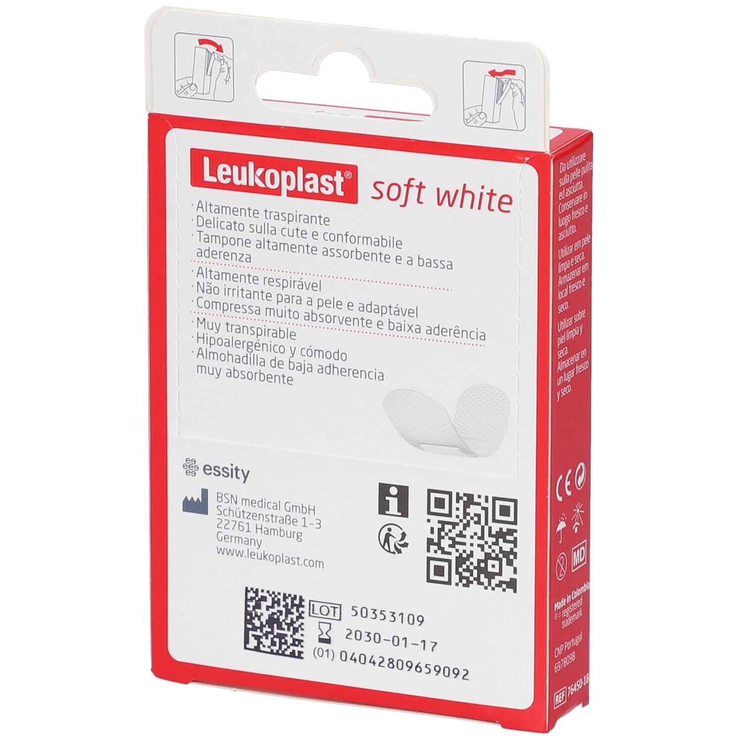 Rückseite der Leukoplast Soft White Cerotto-Verpackung. Rote Schachtel mit Text und QR-Code. Informationen zum Produkt.