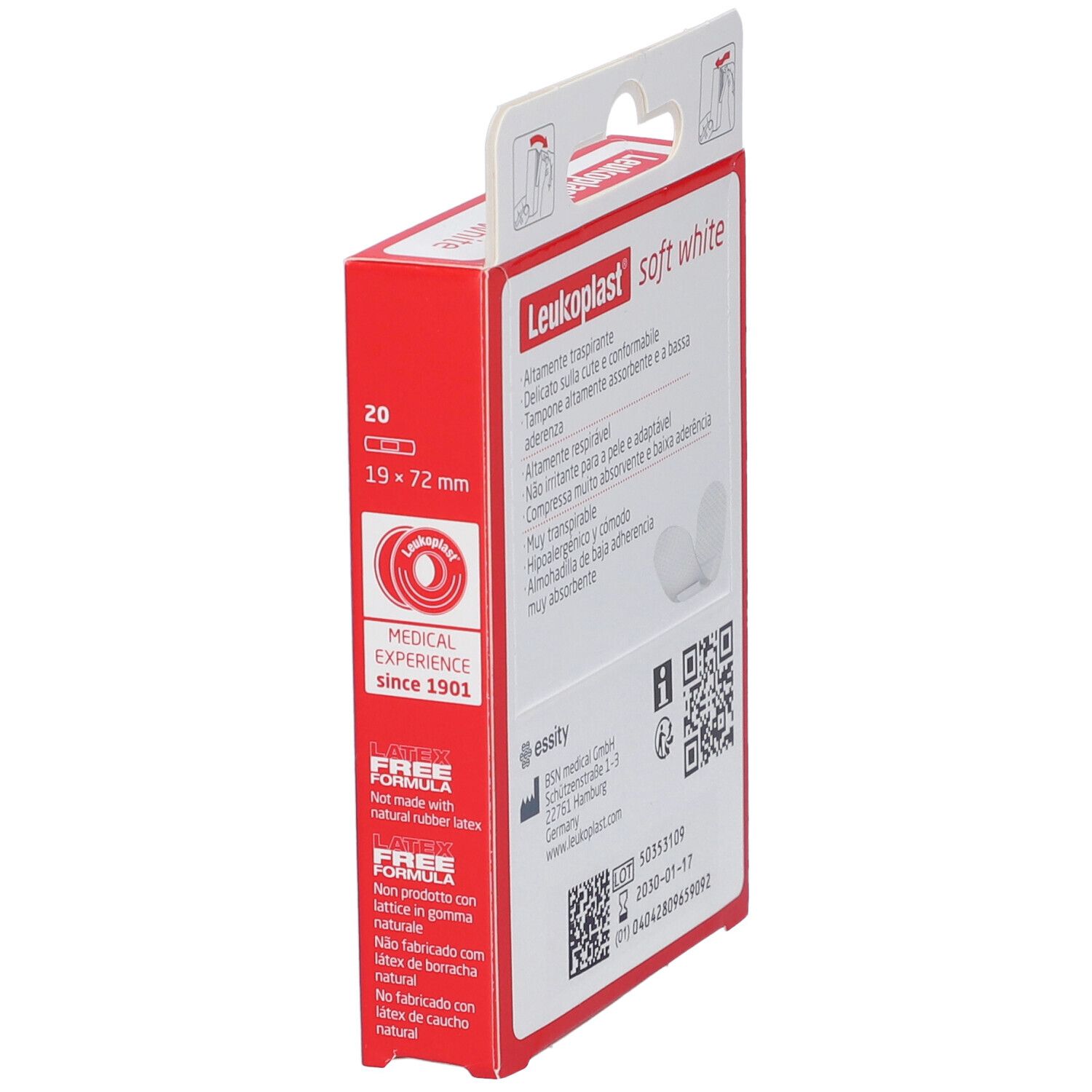 Leukoplast Soft White Cerotto-Verpackung. Rote Schachtel mit Text und Logo. Enthält 20 Pflaster, 19x72mm. Seitenansicht.