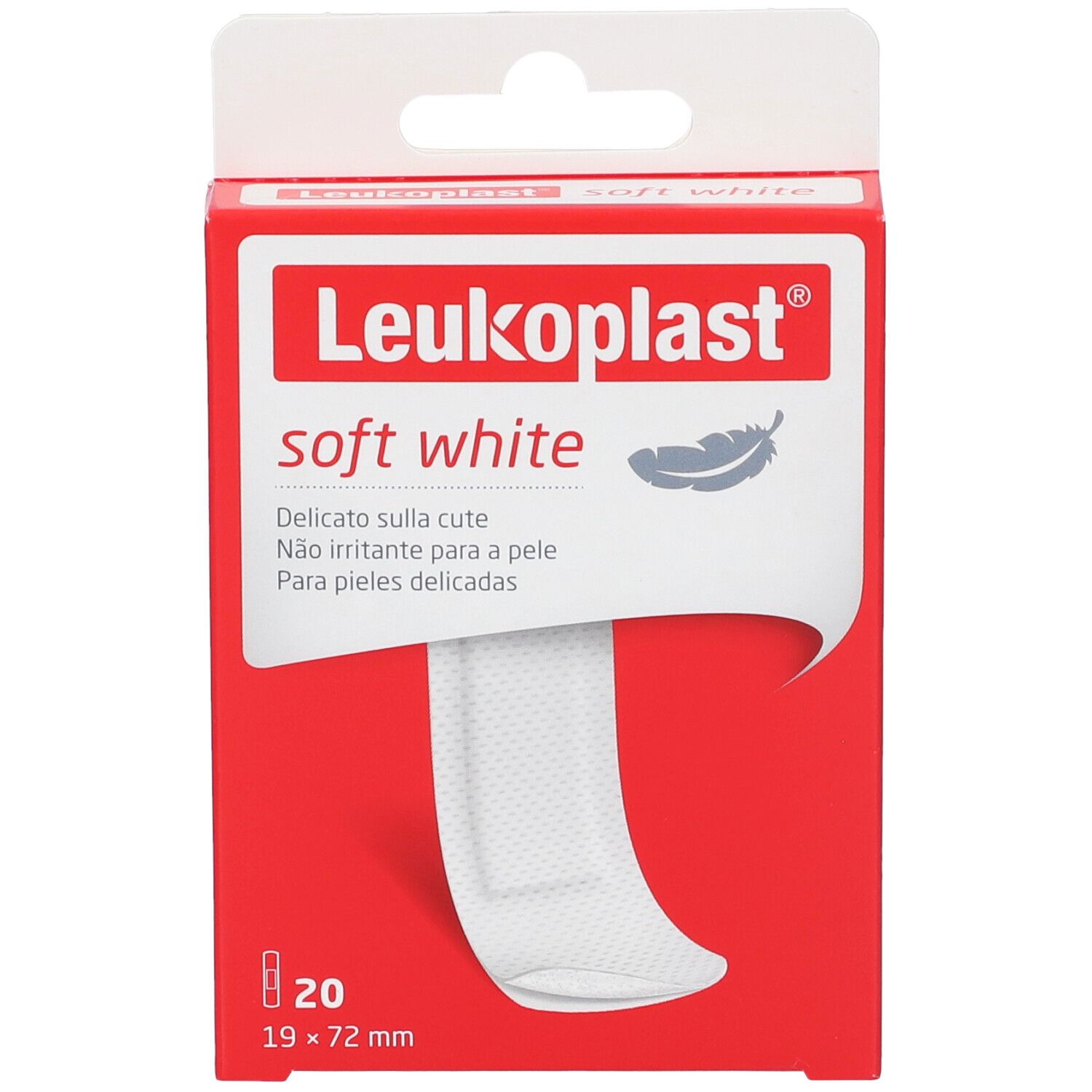 Verpackung von Leukoplast Soft White Cerotto. Rote Schachtel mit Produkt und Feder-Symbol. Enthält 20 Pflaster, 19x72mm.