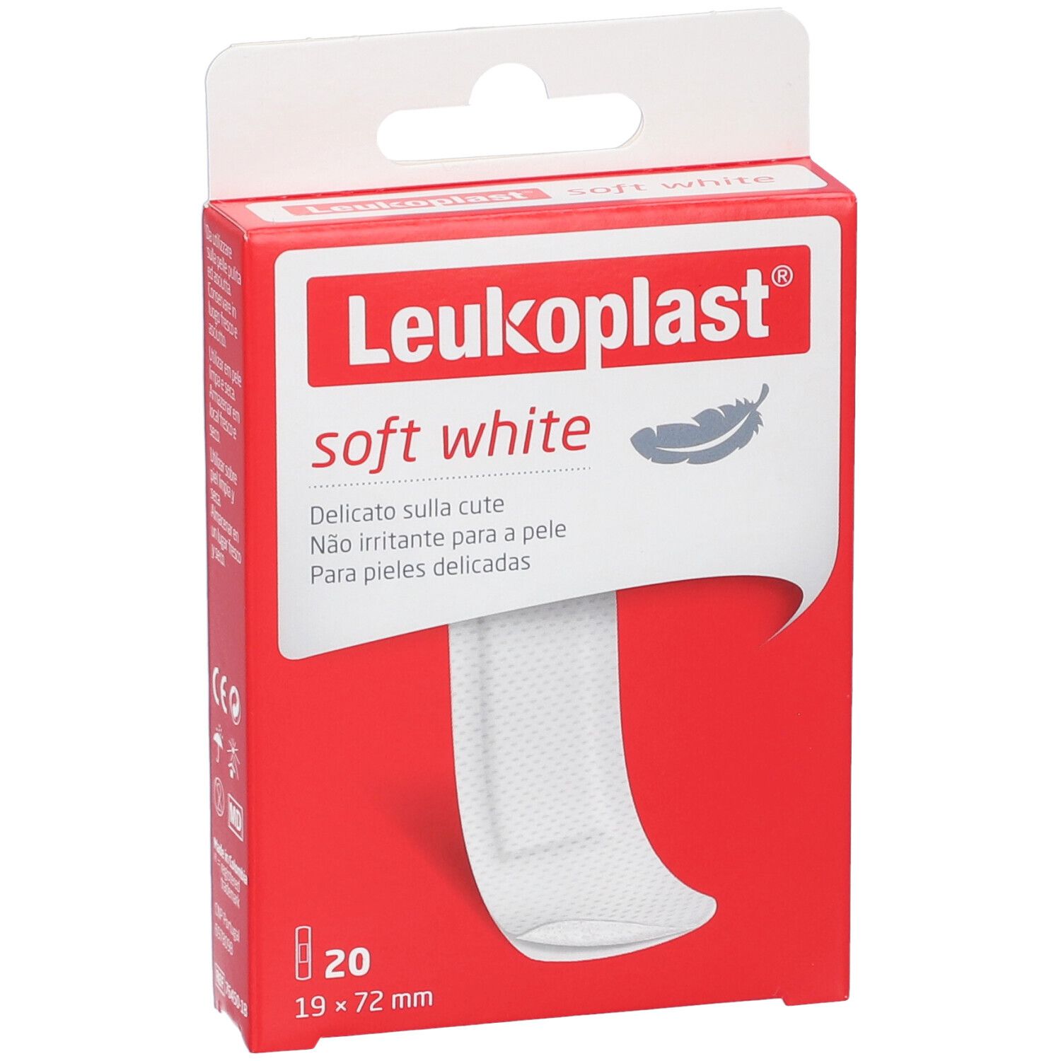 Verpackung von Leukoplast Soft White Cerotto. Rote Schachtel mit Produkt und Feder-Symbol. Enthält 20 Pflaster, 19x72mm.