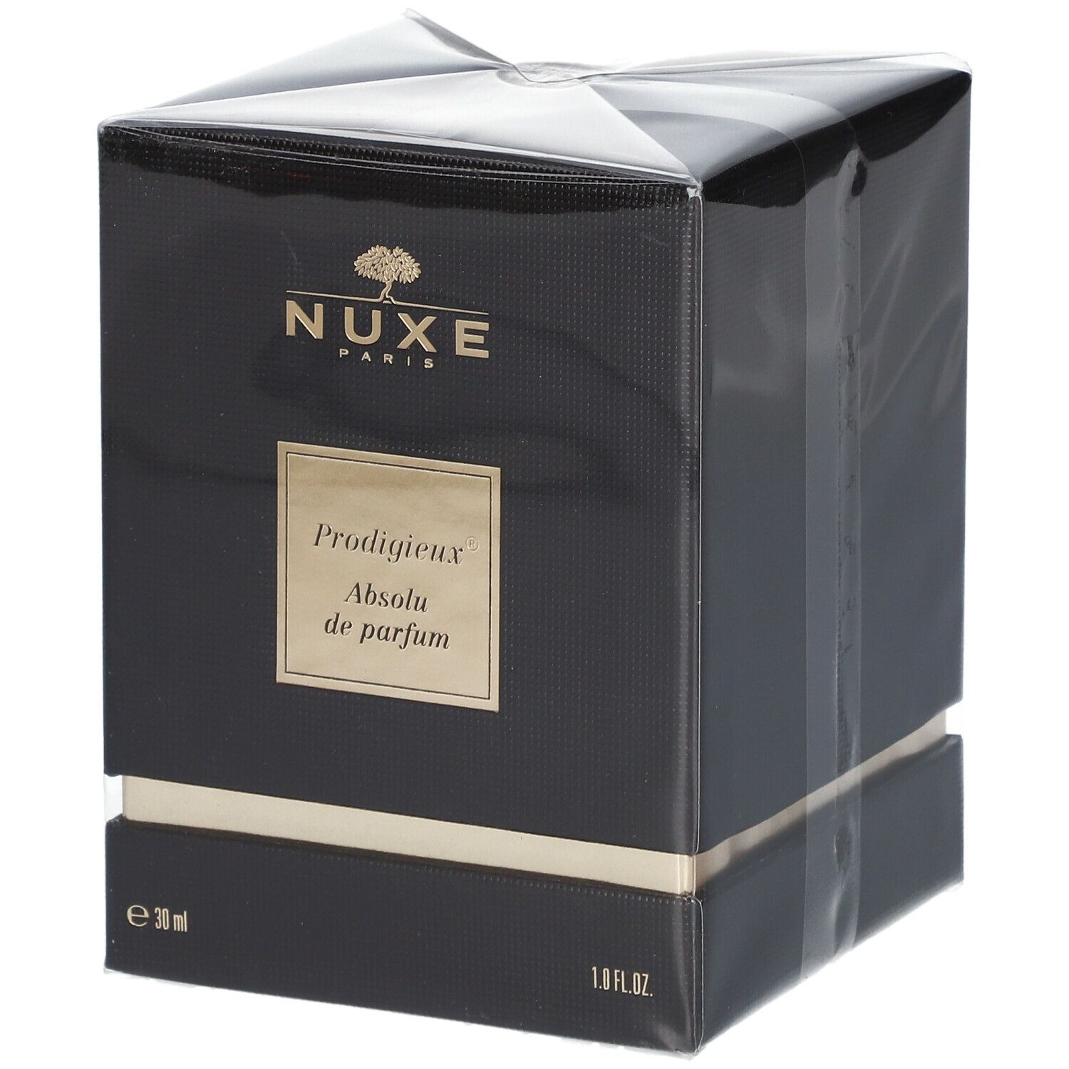 Boîte noire avec détails dorés. Inscription : NUXE Paris, Prodigieux Absolu de parfum.