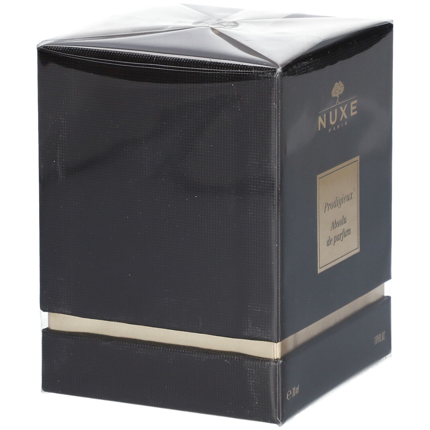 Boîte noire avec détails dorés. Inscription : NUXE Paris, Prodigieux Absolu de parfum.